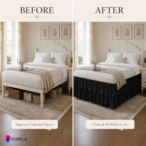 RIMELA Queen Size Ruffle Bed Skirt 16 Inch Drop - Black Double Layered Wrap Around Dust Ruffle, Romantic Cute Design Bedskirt with High-Density Fabric, Soft Stretchy, Easy Install for Queen Bed