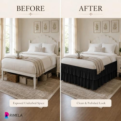 RIMELA Queen Size Ruffle Bed Skirt 16 Inch Drop - Black Double Layered Wrap Around Dust Ruffle, Romantic Cute Design Bedskirt with High-Density Fabric, Soft Stretchy, Easy Install for Queen Bed