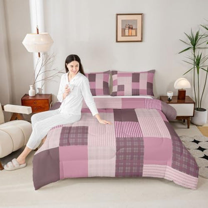 jejeloiu Plaid Bedding Set Soft for Boys Girls, Patchwork Comforter Set Toddler Size Check Checkered Duvet Quilt Microfiber Grid Geometric Bedroom Decor 2 Pcs with 1 Pillow Cases