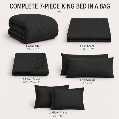 King Size Comforter Set Black, 7 Pieces Bed in a Bag Bedding Set