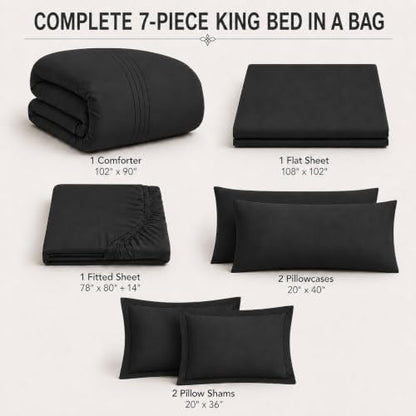 King Size Comforter Set Black, 7 Pieces Bed in a Bag Bedding Set