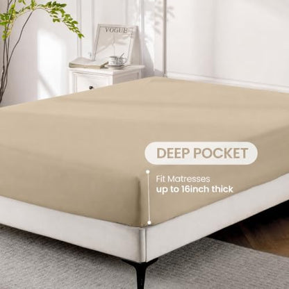 Sand Color King Size Sheet Set, Pre-washed Microfiber Cotton-Like 4 Pcs Ultra Soft Bedding Set King, Breathable Cooling Skin-Friendly All Seasons, 1 Fitted, 1 Flat, 2 Pillowcases (Sand, King)