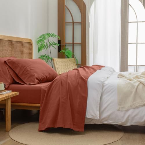 BESTOUCH Sheet Set 100% Washed Cotton Linen Feel Super Soft Comfortable Chic Lightweight 4 Pcs Home Bedding Set Solid Crimson Red Queen
