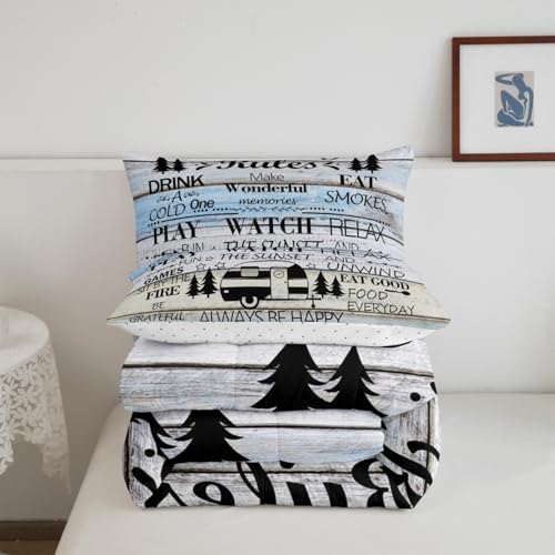 Manfei Rustic Adventure Camper Kids Comforter Set Queen Size,Happy Camping Cabin Lake House Bedding Set,Girls Boys Room Decor,Cottage Wooden Door Quilt Comforter,Country Duvet Insert,2 Pillowcases