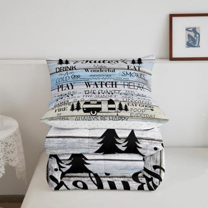 Manfei Rustic Adventure Camper Kids Comforter Set Full Size,Happy Camping Cabin Lake House Bedding Set,Girls Boys Room Decor,Cottage Wooden Door Quilt Comforter,Country Duvet Insert,2 Pillowcases