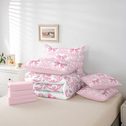Pink Bowknot Bed in a Bag Queen Comforter Set 7 Piece,Bohemian Exotic Damask Sheet Set,Cute Ribbon Bow Knot Bedding Set,Girly Kawaii Bed Set Antique Victorian Vintage Floral Pink Bedroom Decor
