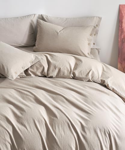 JELLYMONI 100% Washed Cotton Khaki-Beige Duvet Cover Full, Linen-Like