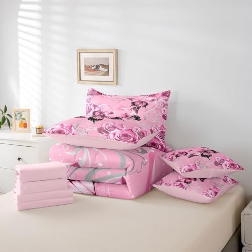 Feelyou Cute Butterfly Comforter Set with Sheets 7 Piece Twin Size