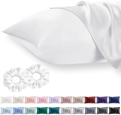 Vielit King Satin Pillowcase for Hair 2pc,Similar to Silk Pillow Cases,Easier Care Than Silk Pillowcase Gifts for Women Men,White,20x36 & Envelope Closure and 2 Satin Scrunchies