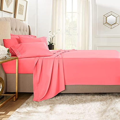 Clara Clark Twin XL Sheets, 5 Piece Set - Hotel Luxury Bed Sheets, Super Soft Bedding Set, Twin XL Size, Coral Pink