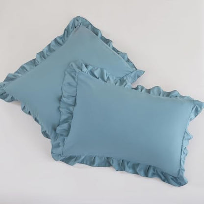 JANZAA Mineral Blue Comforter Set California King, Ruffle Soft Bedding