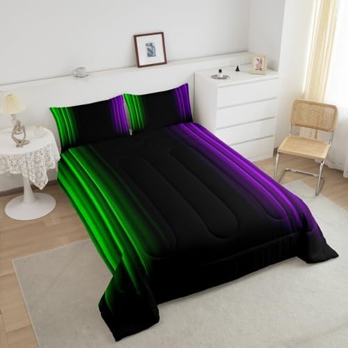 Feelyou Teens Abstract Ombre Decorations Bedding Set for Kids Women Green Purple and Black Comforter Set Geometric Modern Quilt Set Room 3Pcs Queen Size