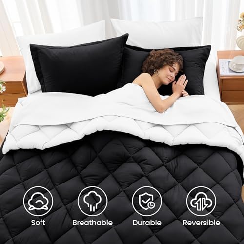 MUXHOMO 7 Pieces Oversized Queen Comforter Set, Reversible Bed in a Bag Oversized Queen Size, All Season Bedding Set with Comforter, Flat Sheet, Fitted Sheet, Pillowcases & Shams, Black & White