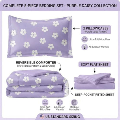 Twin Bedding Set for Girls Lavender Daisy Kids Comforter Set for Teens Purple Bed in a Bag Floral Microfiber Bed Sheet Sets