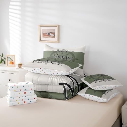 Erosebridal Rustic Farmhouse Style 7 Piece Bedding Set Queen,Nautical Rudder Comforter Set Bed in a Bag,Vintage Wood Grain Pattern Sheets,Navy Green Ivory Quilted Duvet,Modern Chic Summer Room Decor