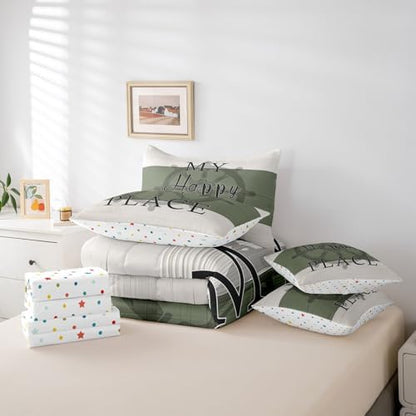 Erosebridal Rustic Farmhouse Style 7 Piece Bedding Set Twin,Nautical Rudder Comforter Set Bed in a Bag,Vintage Wood Grain Pattern Sheets,Navy Green Ivory Quilted Duvet,Modern Chic Summer Room Decor