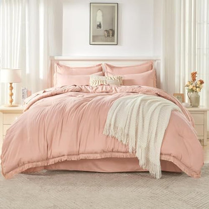 Andency Oversized King Comforter Set, 7 Pieces Pink Bedding
