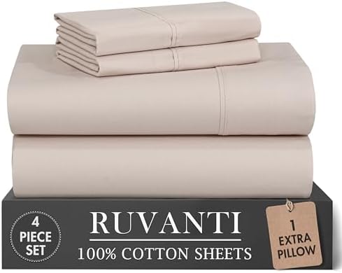 RUVANTI 100% Cotton Twin XL Sheets, Percale Weave Twin XL Set, Soft Beige
