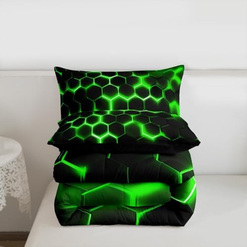 Erosebridal Geometric Comforter Set King Size,Teen Boys Green Black Neon Light Honeycomb Bedding Sets,Hexagon Comforter Modern Fashion Quilted Duvet 2 Pillow Cases Home Room Decor