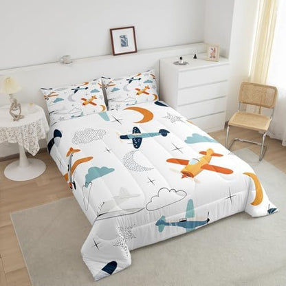 Kids Hand Drawn Airplane Comforter Set Queen Size for Child Boys Girls Room Decor,Cartoon Starry Moon Cloud Bedding Set,Teens Sky Flying Transport Plane Quilt Set White Vivid Duvet Insert 3pcs