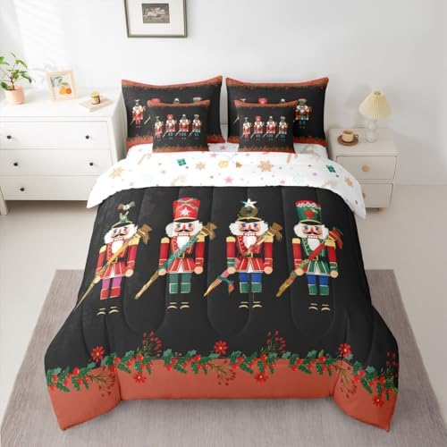 Erosebridal Christmas Soldier 7 Piece Bedding Set Twin Nutcracker Comforter Set with Sheets Cute Xmas Festival Bed in a Bag Black Red Florals Bed Sets Comforter