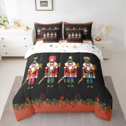 Erosebridal Christmas Soldier 7 Piece Bedding Set Twin Nutcracker Comforter Set with Sheets Cute Xmas Festival Bed in a Bag Black Red Florals Bed Sets Comforter