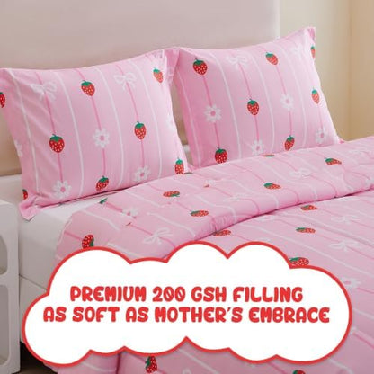 Yibeizi Pink Strawberry Comforter Set for Girls Twin Bow Striped Bedding