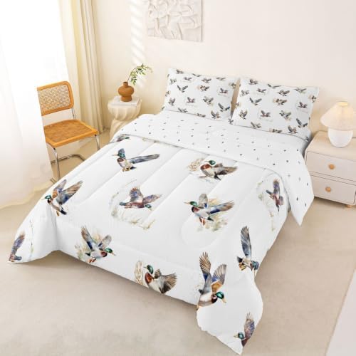 Feelyou Mallard Duck Comforter Set Queen Size Duck Hunt Bedding Set for Kids Boys Girls Wild Duck Hunting Duvet Quilt Wild Animal Bedroom Decor Microfiber 3 Pcs with 2 Pillow Cases