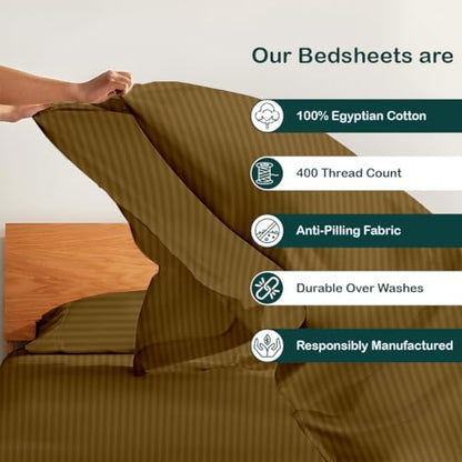 NON Sticky cotton 4 Piece Head Flex King Fitted Sheet Set for Sleep Number Adjustable Bed, 100% Long Staple Cotton Bed Sheets, 34" Top Split, Fits 18" Deep Mattress, 78" X 80", Taupe Stripe