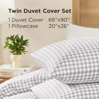Andency Gingham Duvet Cover Twin Size, Light Grey Checkered Plaid Bedding Set with Zipper Closure & Corner Ties, 2 Pieces Soft Prewashed Microfiber Comforter Cover for Dorm Kids