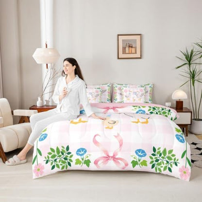 Erosebridal Cute Goose Duck 7-Piece Bed in a Bag Full Pink Geometric Grid Cartoon Animal Bedding Set Kids Girls Pastel Coquette Bowknot Comforter Set with Sheets Teens Leaf Floral Plaid Birthday Decor