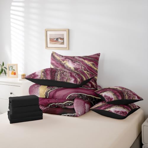 Erosebridal Marble Texture Bedding Set for Kids Teens,Golden Marble Grain Comforter Set Full Size,Retro Artwork (Comforter+Fitted+Flat Sheet+2 Pillowcases+2 Throw Pillow Covers) 7 Pieces Bed Set