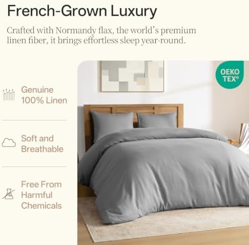 DAPU 100% French Linen Duvet Cover 3Pcs Set, 170GSM Linen Bedding, Queen