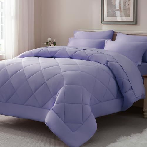 ELNIDO QUEEN® Full Comforter Set Light Purple, 7 Pieces Bed in a Bag Full Size, Bed Set for All Seasons, Lavender Bedding Sets with Comforter, Flat Sheet, Fitted Sheet, Pillowcases and Pillow Shams