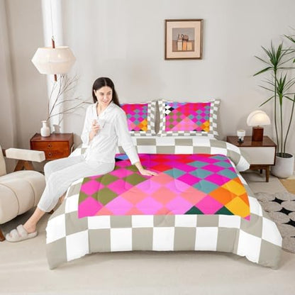 Checkered Geometric Comforter Set All Season Retro Rose Pink Beige Brown Plaid Bedding Set with 1 Pillow Cases Checkerboard Modern Aesthetic Kids Toddler Bedclothes Reversible Grey Decor Duvet Quilt