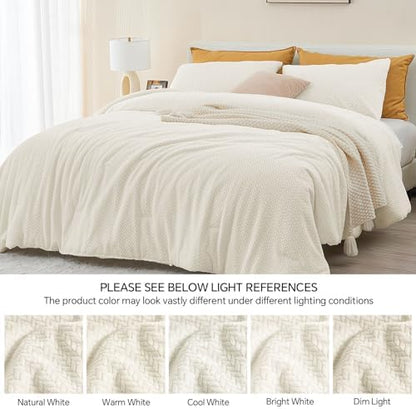 ChiXpace Fleece Queen Comforter Set Beige, Fluffy Flannel Bed Set 3 Pieces
