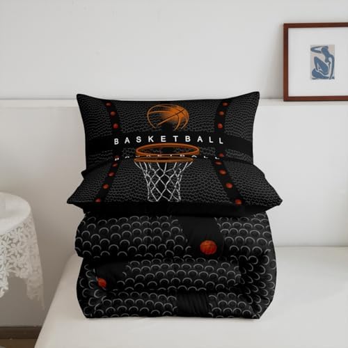 Boys Sports Basketball Twin Size Comforter Set,Kids Ball Games Decor All Season Bedding Set,Teens Basketball Comforter,Children Orange and Gray Decor Quilt Set Bedroom Collection 2Pcs