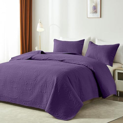 akkialla Purple King/Cal King Quilt Set, Ultrasonic Lightweight Bedspread Coverlet for Modern Minimalist Bedroom, Soft Microfiber Coin Pattern Bedding, 3-Piece (1 Quilt, 2 Pillow Shams)
