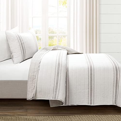 Lush Decor Farmhouse Stripe Reversible Cotton Quilt Twin XL Size, 2 Piece Set Gray - Farmhouse Bedding Set Twin XL - College Dorm Essentials