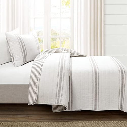 Lush Decor Farmhouse Stripe Reversible Cotton Quilt Twin XL Size, 2 Piece Set Gray - Farmhouse Bedding Set Twin XL - College Dorm Essentials