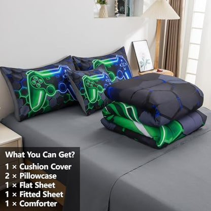 6Pcs Gamer Comforter Set with Sheets for Boys Girls Kids Teens, Colorful Gaming Themed Bed in A Bag Queen Size, Black 3D Video Game Controller Bedroom Decor Bedding Set
