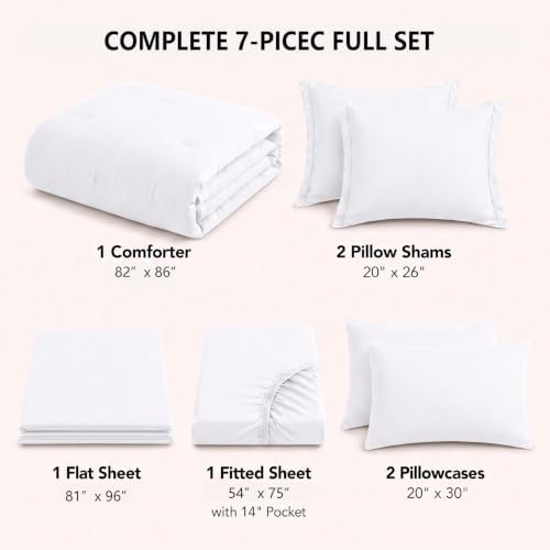 HIMEET Full Comforter Set, 7-Piece Point-Quilted Bed in a Bag, White