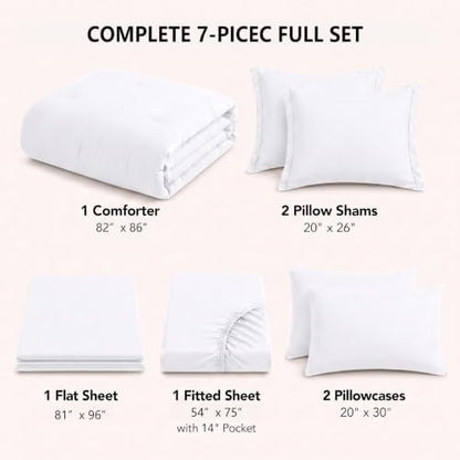 HIMEET Full Comforter Set, 7-Piece Point-Quilted Bed in a Bag, White