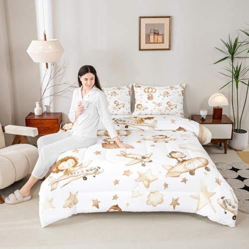 Erosebridal Kids Airplane Comforter Set Toddler, Cartoon Aircraft Bedding Set, Hot Air Balloon Star Cloud Comforter, Cute Monkey Lion Wildlife Quilt for Boys Girls Teens Adults Bedroom