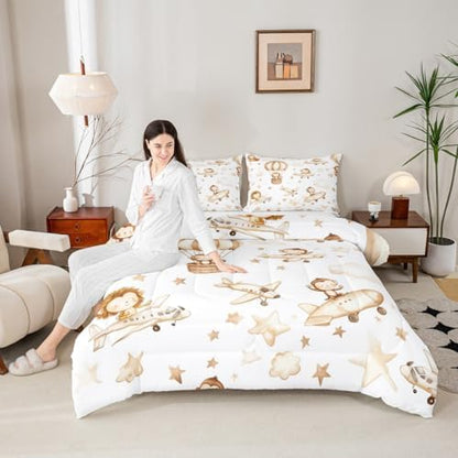 Erosebridal Kids Airplane Comforter Set Toddler, Cartoon Aircraft Bedding Set, Hot Air Balloon Star Cloud Comforter, Cute Monkey Lion Wildlife Quilt for Boys Girls Teens Adults Bedroom