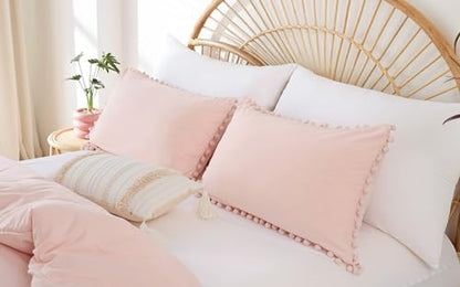 YIRDDEO King Size Comforter Set, Blush Pink Pom Fringe Bedding Set 3 Pieces