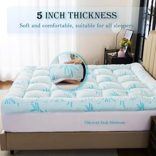 WhatsBedding 5 Inch King Mattress Topper Breathable Bamboo Viscose Air Layer,Memory Foam Mattress Topper King Size Blue.
