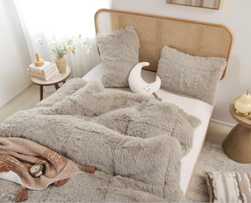 Smoofy Fluffy Queen Comforter Set, Oatmeal Faux Fur Comforter Set 3 Pieces