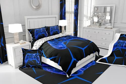 Castle Fairy Game Controller 3 Pcs King Size Comforter Set,Geometric Honeycomb Down Alternative Adults Bedroom Decor,Gaming Game Controller Blue Ultra Soft Microfiber Inner Fill 3Pcs Bedding