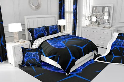 Castle Fairy Game Controller 3 Pcs King Size Comforter Set,Geometric Honeycomb Down Alternative Adults Bedroom Decor,Gaming Game Controller Blue Ultra Soft Microfiber Inner Fill 3Pcs Bedding